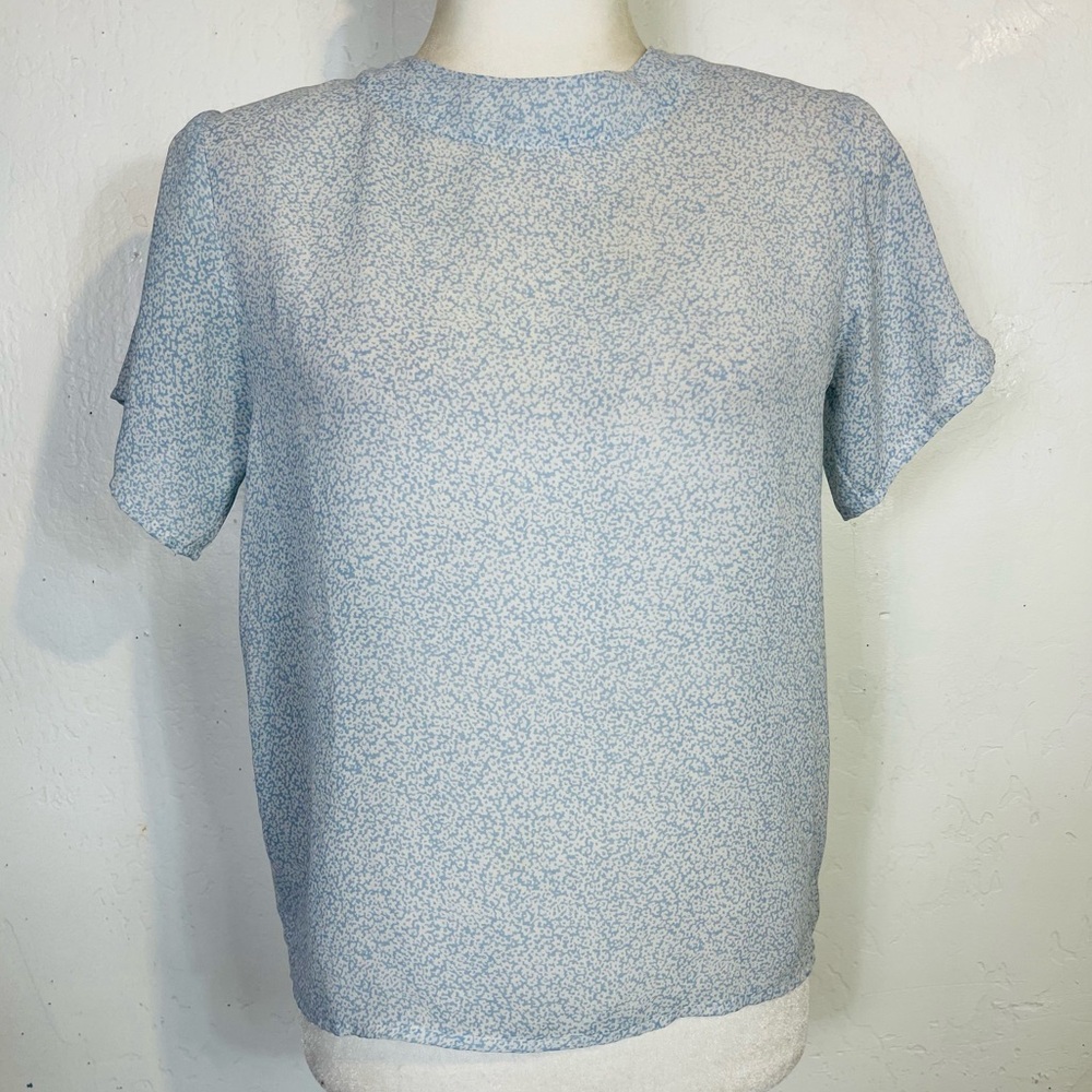 Vintage 90s Sara Stephen Size Small S Short Sleeve Floral Blouse Blue White